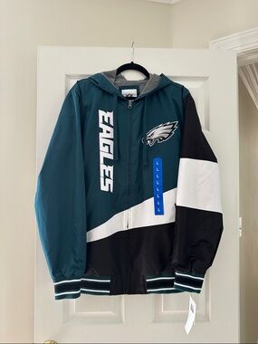 NFL Philadelphia Eagles Teal, Black & White Windbreaker Jacket Large Men